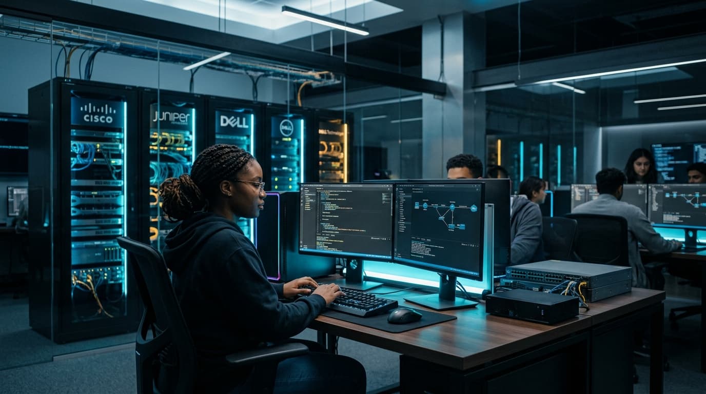 Student workstation with dual-monitors, live topologies, and dedicated server racks